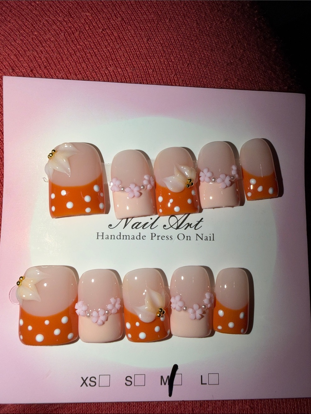 Handmade Press-On Nail Set — Peach Orange Polka Dot Floral